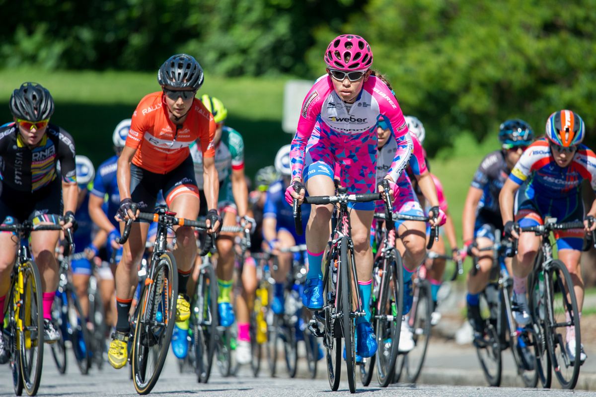 The women hit one of todays early climbs