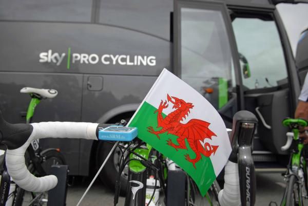 The Welsh flag flies at the Sky bus.
