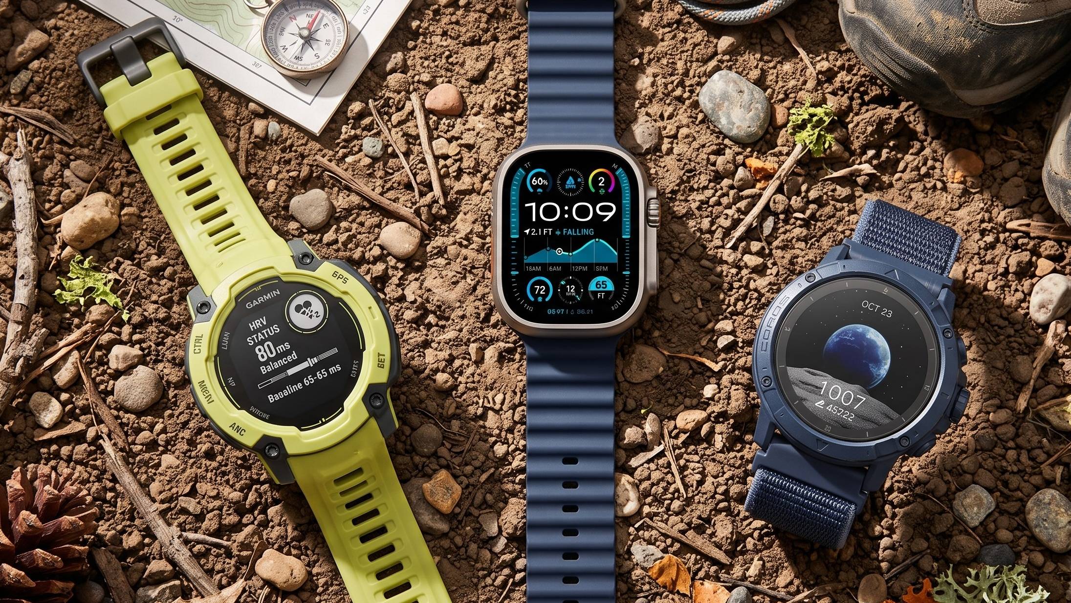Garmin Instinct 3, Apple Watch Ultra 3 and Coros Vertix 2s on the ground with hiking gear in an AI-generated image