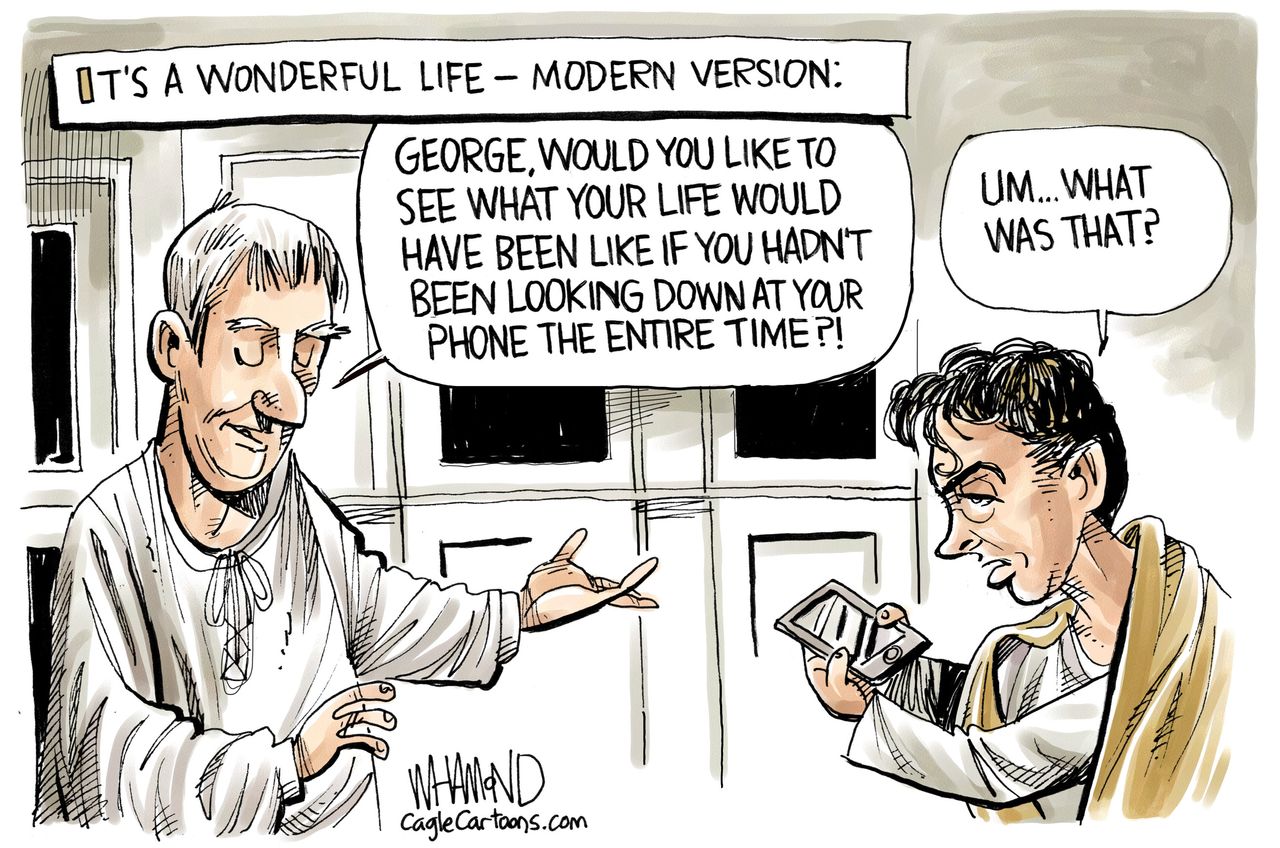 Editorial cartoon U.S. it&amp;#039;s a wonderful life modern version social media cell phone