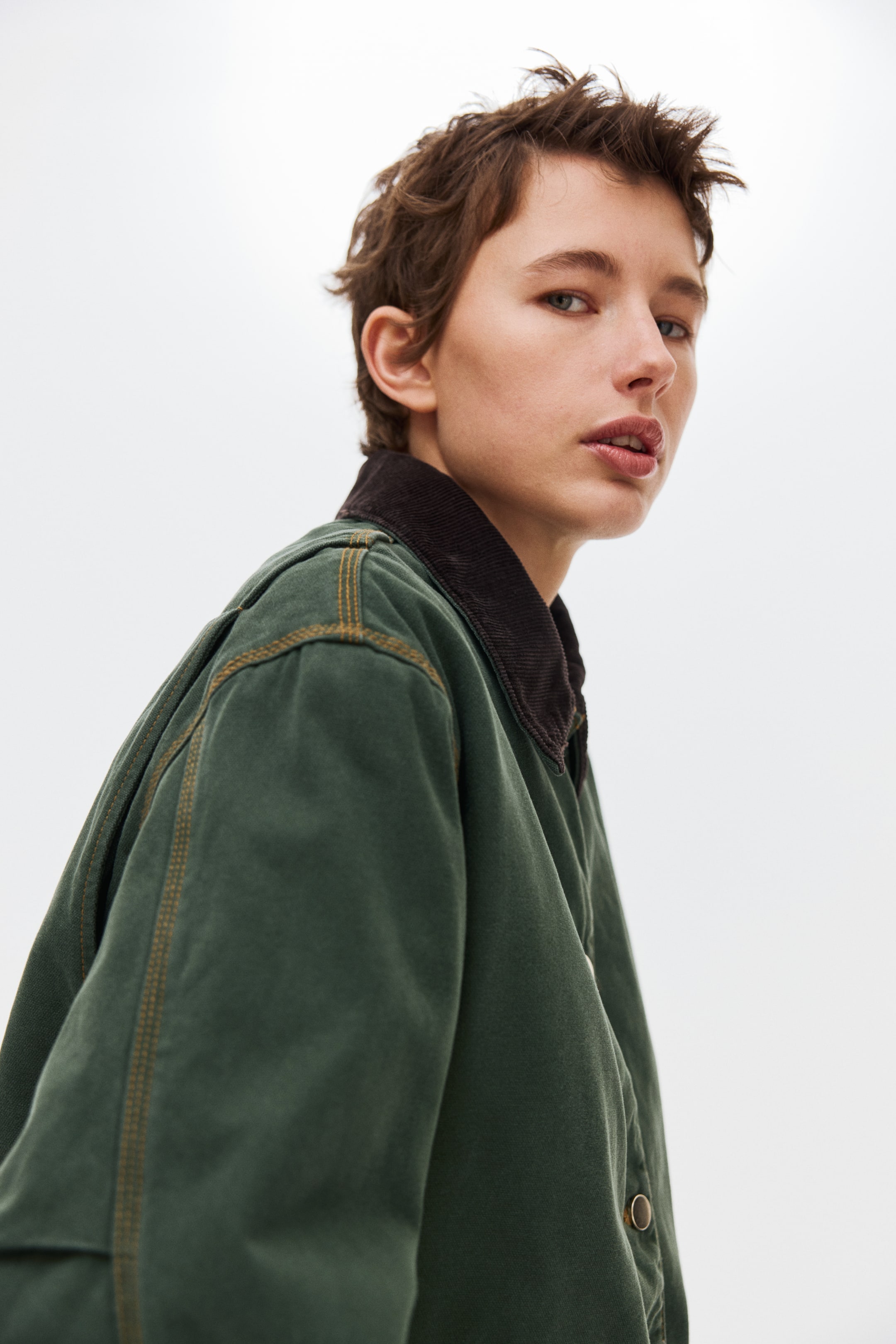 Oversized Corduroy-Collar Jacket - Dark Green