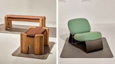 Left: two wooden benches with brown upholstered seats. Right: a lounge chair with a black base and upholstered back and seat in green
