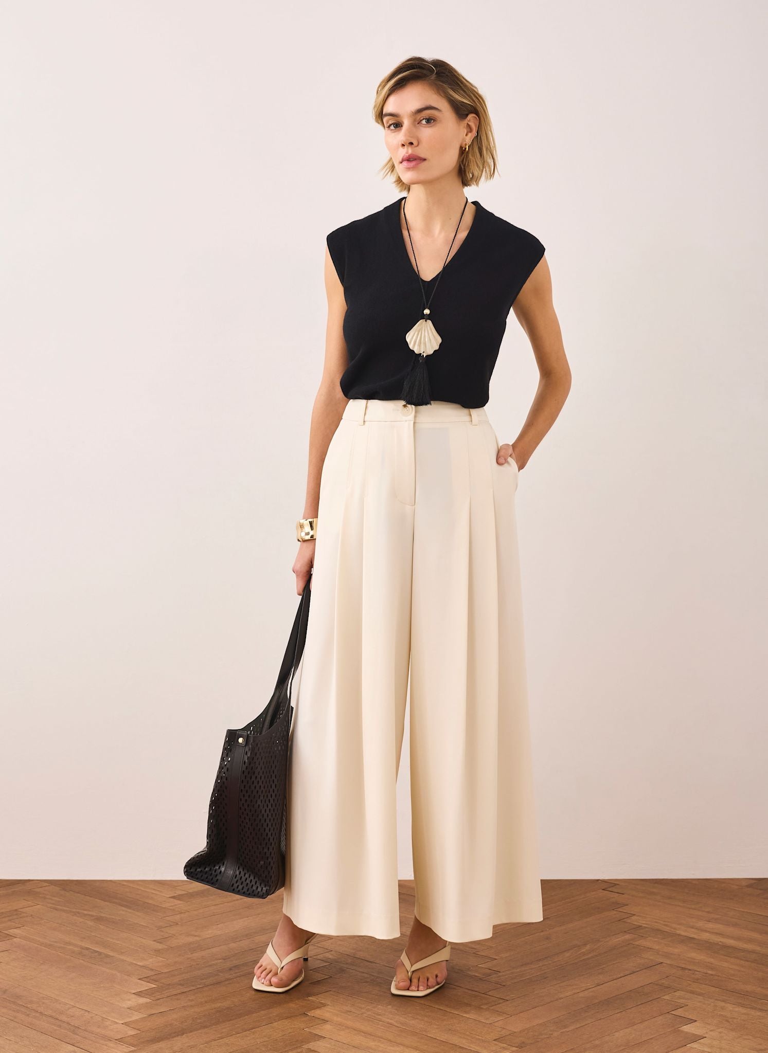 Cream Pleated Cropped Wide Trousers
