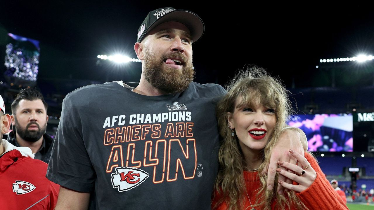 Travis Kelce and Taylor Swift at the Kansas City Chiefs v Baltimore Ravens AFC Championship Game in 2024