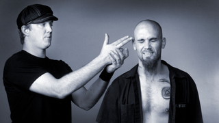 Studio portrait of Queens Of The Stone Age, Josh Homme, Nick Oliveri, Ancienne Belgique (AB), Brussels, Belgium, 1st November 2002.