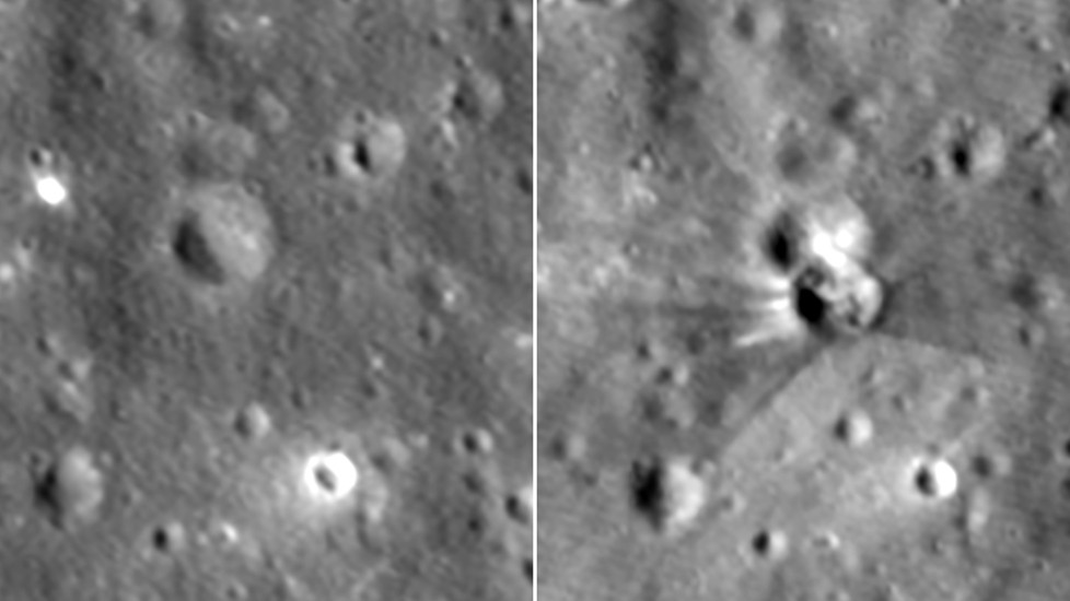 LROC Narrow Angle Camera image before and after the Falcon 9 rocket booster impact. Images enlarged 5x, north is up, each image is 120 meters wide