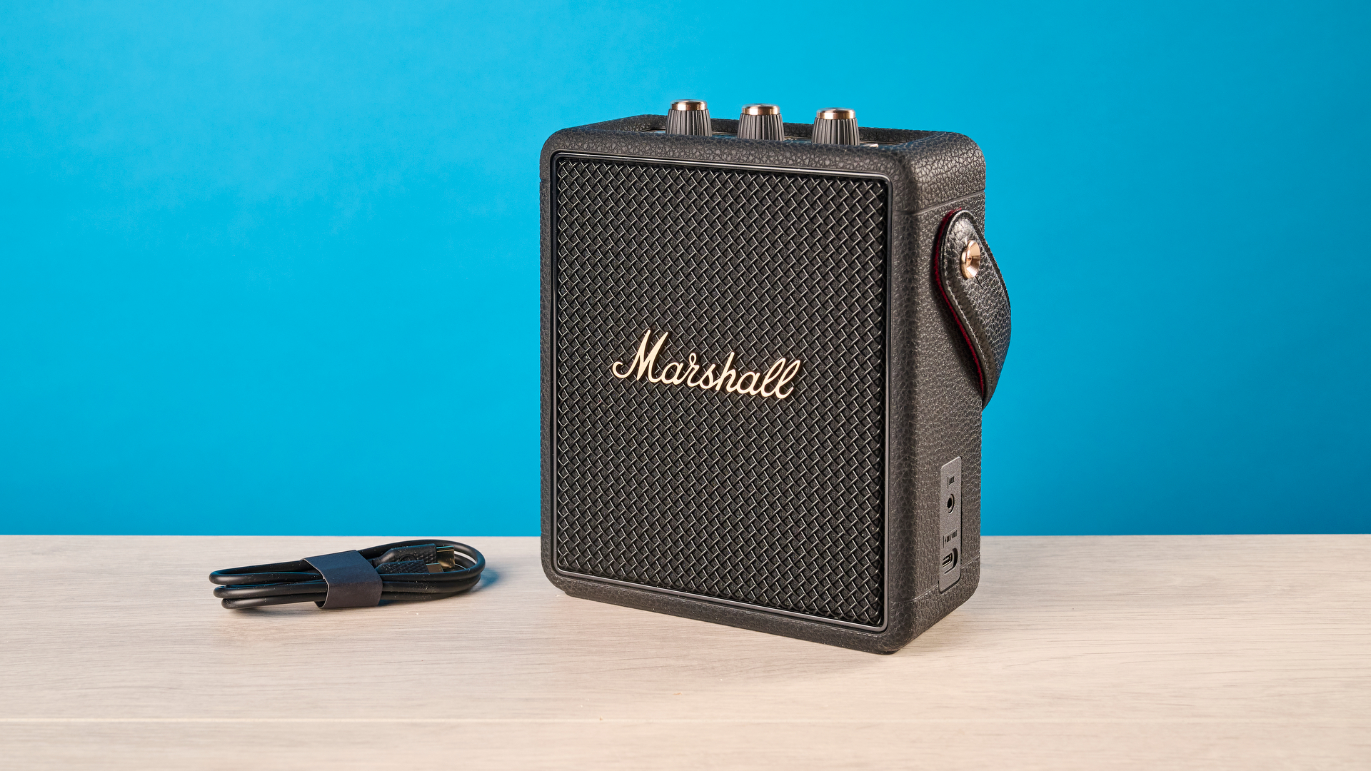Marshall Stockwell III portable Bluetooth speaker in black and brass