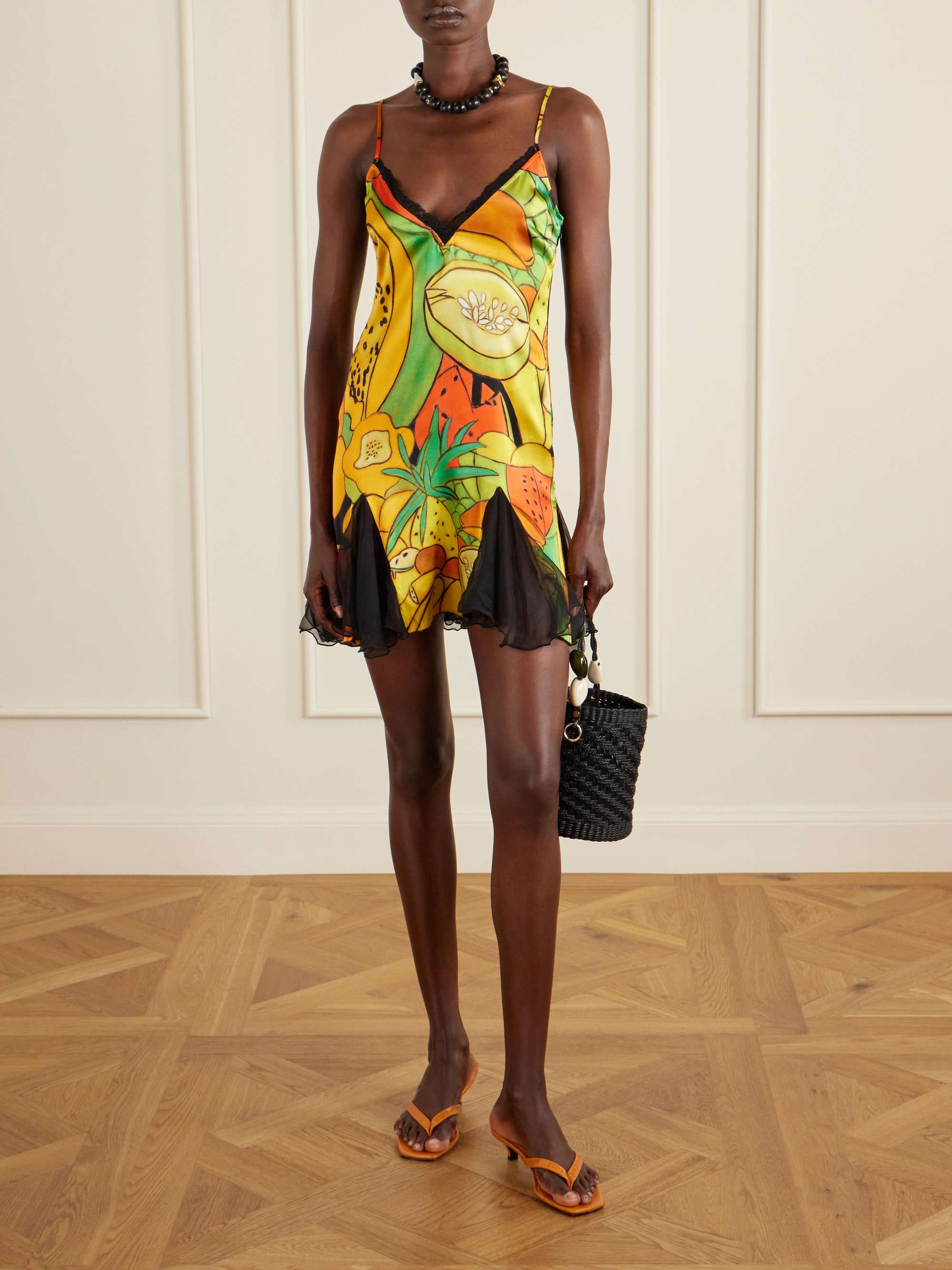 Frutas Ruffled Lace-Trimmed Printed Silk-Blend Satin and Chiffon Mini Dress