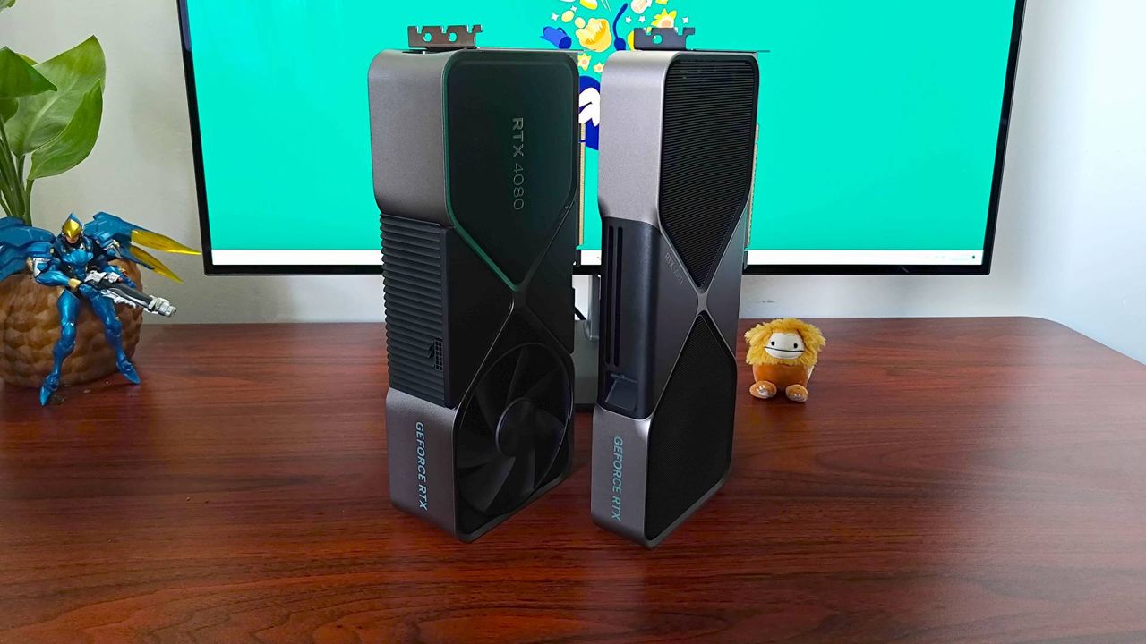Nvidia GeForce RTX 5080 next to original RTX 4080 standing upright