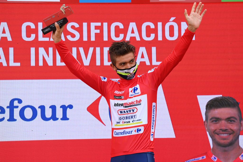 RINCON DE LA VICTORIA SPAIN AUGUST 24 Odd Christian Eiking of Norway and Team Intermarch Wanty Gobert Matriaux celebrates winning the Red Leader Jersey on the podium ceremony after the 76th Tour of Spain 2021 Stage 10 a 189km stage from Roquetas de Mar to Rincn de la Victoria lavuelta LaVuelta21 on August 24 2021 in Rincon De La Victoria Spain Photo by Stuart FranklinGetty Images