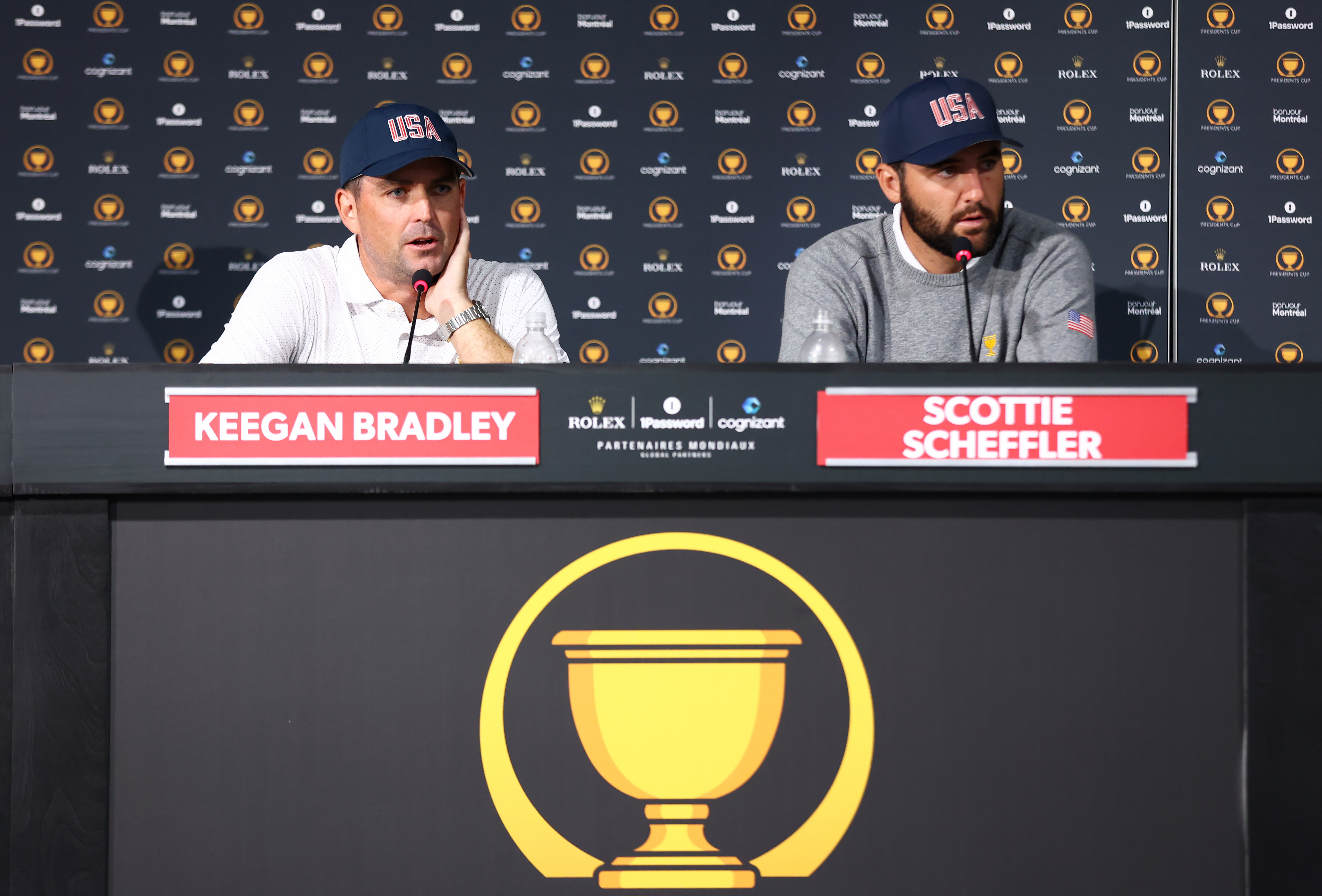 Keegan Bradley and Scottie Scheffler chat in a press conference