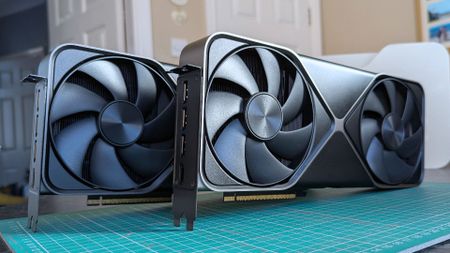 NVIDIA GeForce RTX 5080 Founders Edition (front) compared to RTX 5090 Founders Edition (rear)