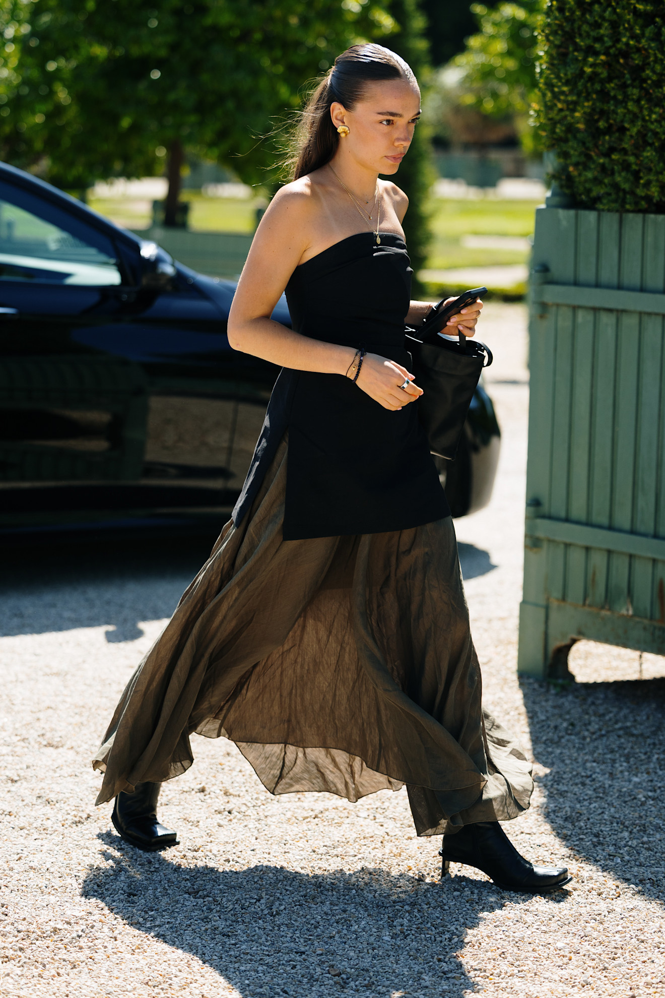 A woman wearing a tube top outfit