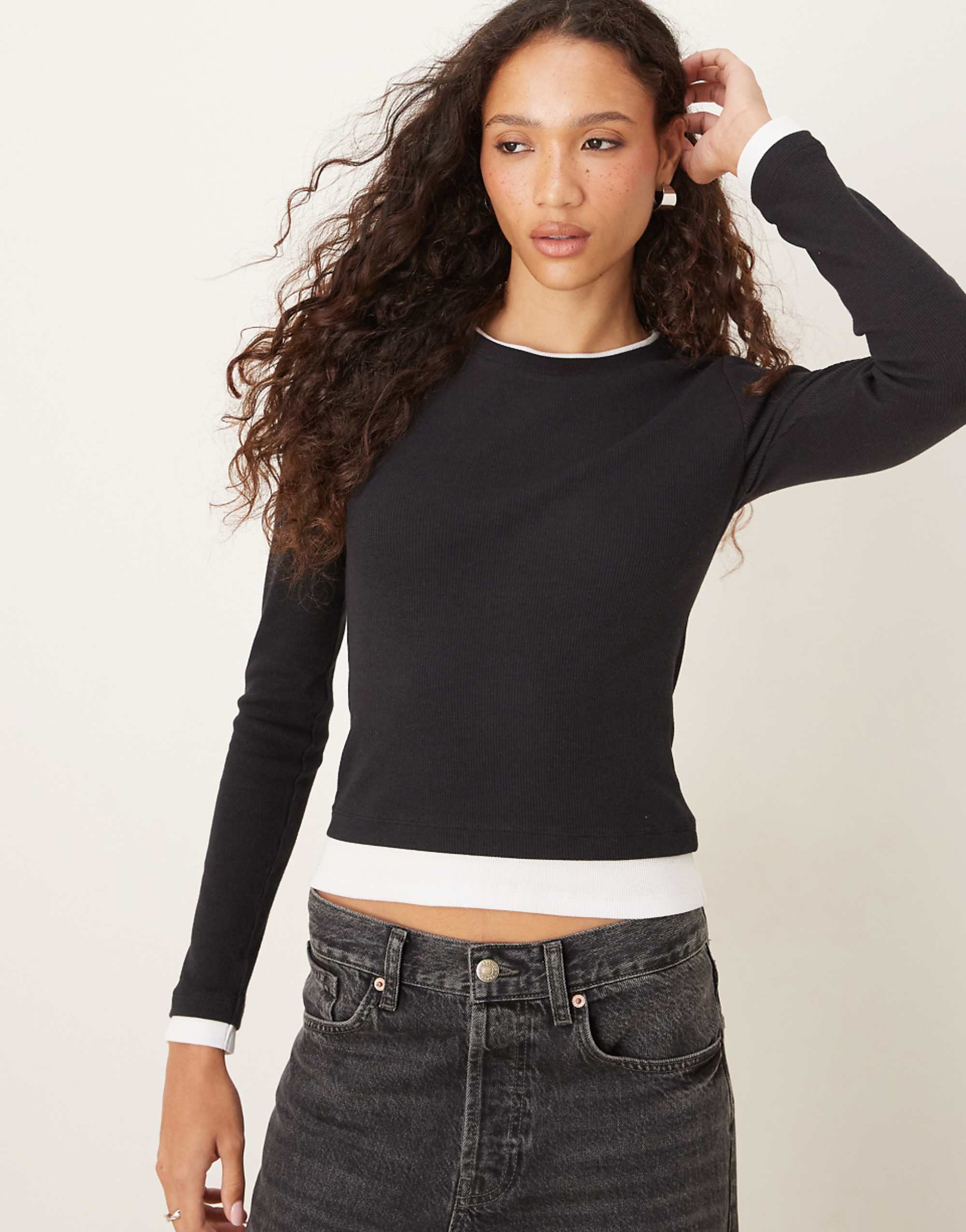 Asos Design Layered Long Sleeve Monochrome Top in Black