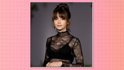  Lily Collins wears a black lace dress as she attends the 2nd Annual Academy Museum Gala at Academy Museum of Motion Pictures on October 15, 2022 in Los Angeles, California./ in a pink/orange template