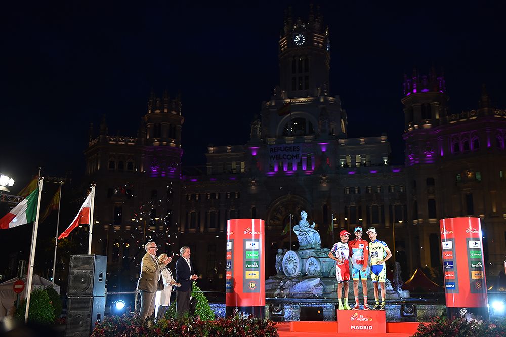 The 2015 Vuelta a Espana final podium in Madrid.