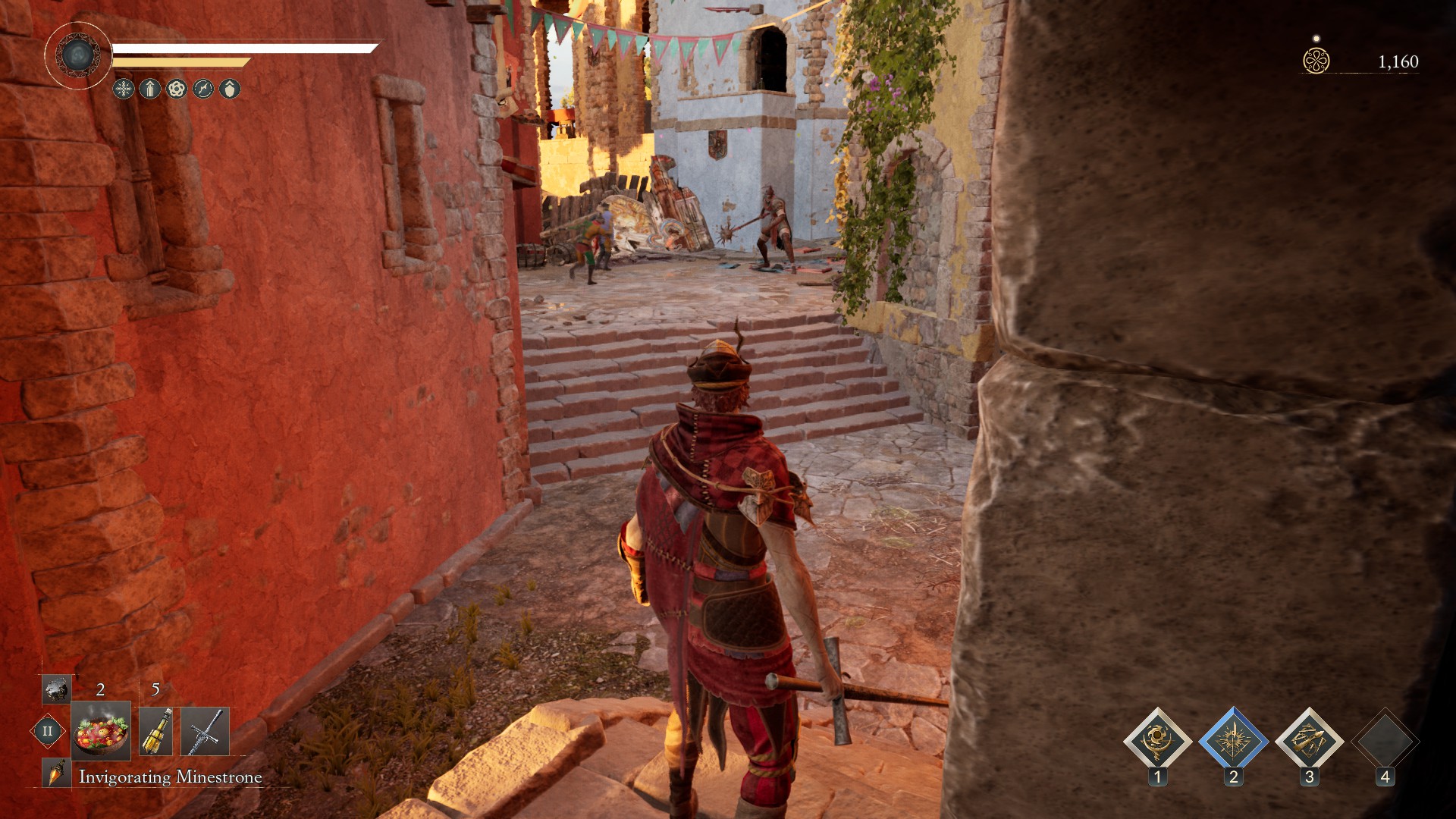 An enemy with a mace waits at the end of a street.