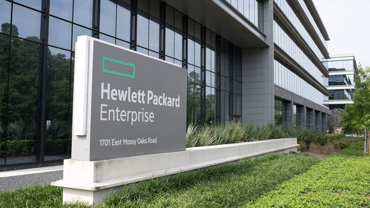 HPE logo displayed at the company headquarters in Spring, Texas, US, on Monday, May 29, 2023.