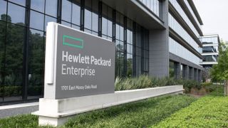 HPE logo displayed at the company headquarters in Spring, Texas, US, on Monday, May 29, 2023.