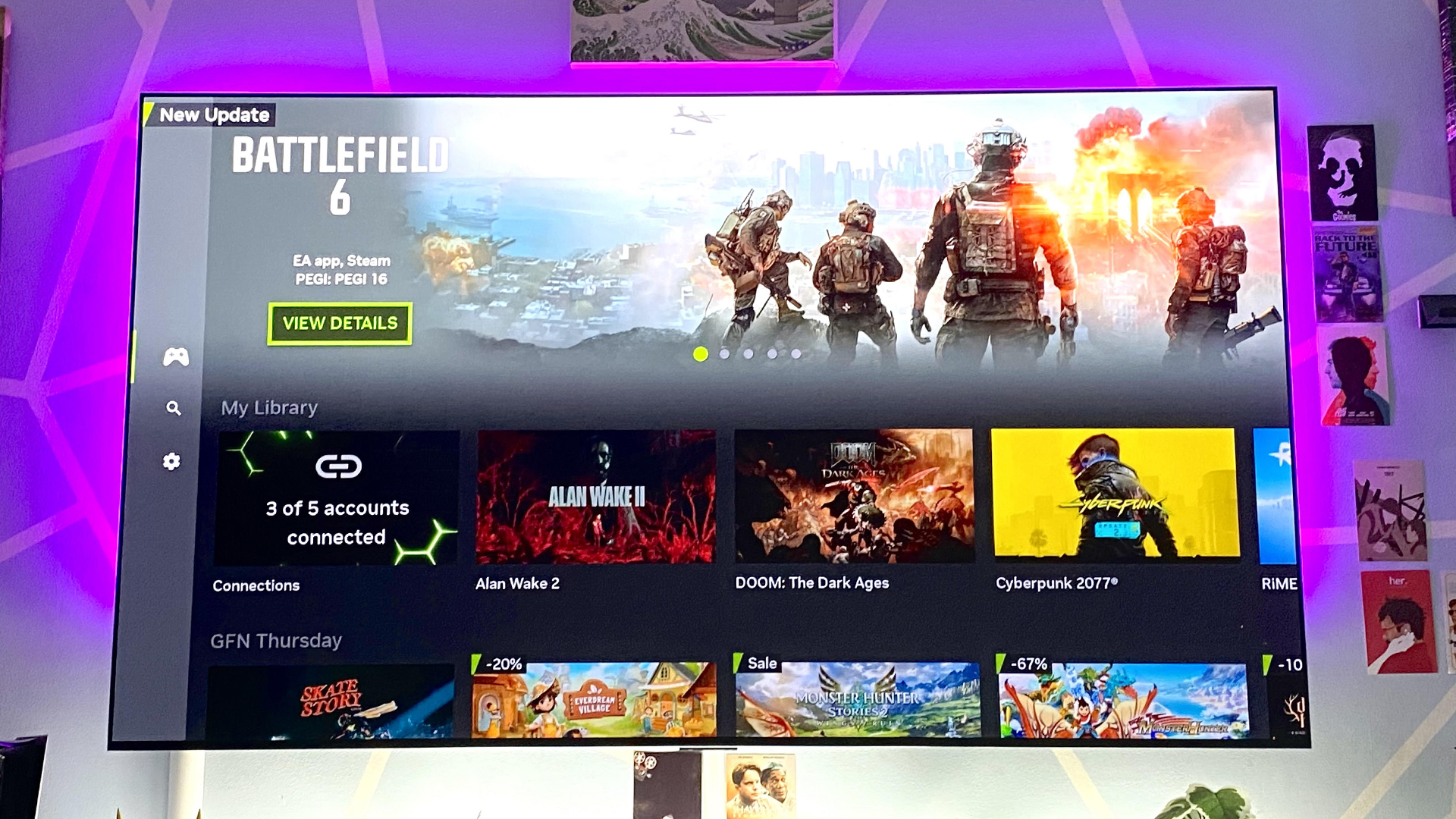 The GeForce Now app running on an LG G3 OLED TV.
