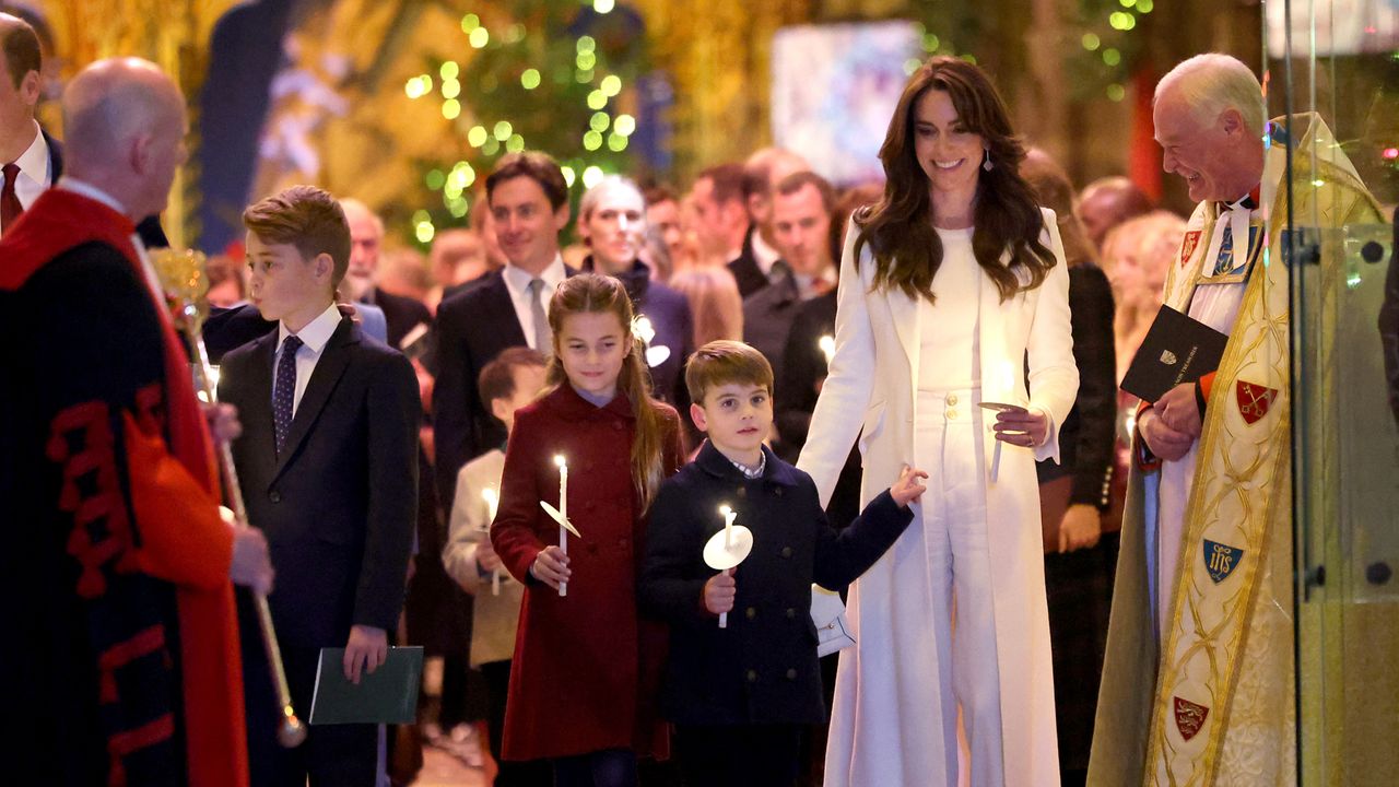 Catherine, Princess of Wales, Prince Louis of Wales, Princess Charlotte of Wales and Prince George of Wales process out of The &quot;Together At Christmas&quot; Carol Service at Westminster Abbey on December 08, 2023