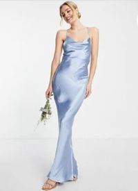 ASOS DESIGN Bridesmaid cami maxi slip dress in high shine satin with lace up back in powder blue: was $105, now $62.47 | ASOS