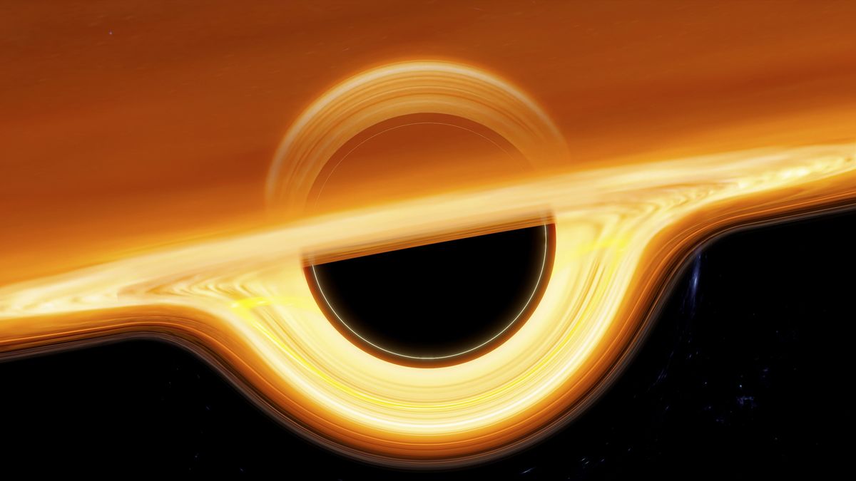 artist&#039;s illustration of black hole with a dark center and swirling orange lines around the outside and cutting through the middle.