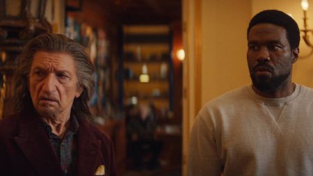 Ben Kingsley as Trevor Slattery and Yahya Abdul-Mateen II as Simon Williams in Wonder Man 