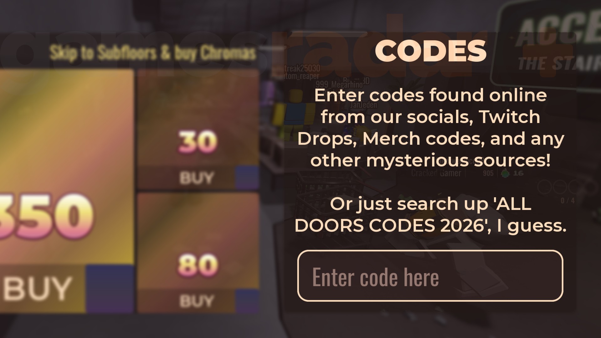 The Doors codes redemption box seen in-game.