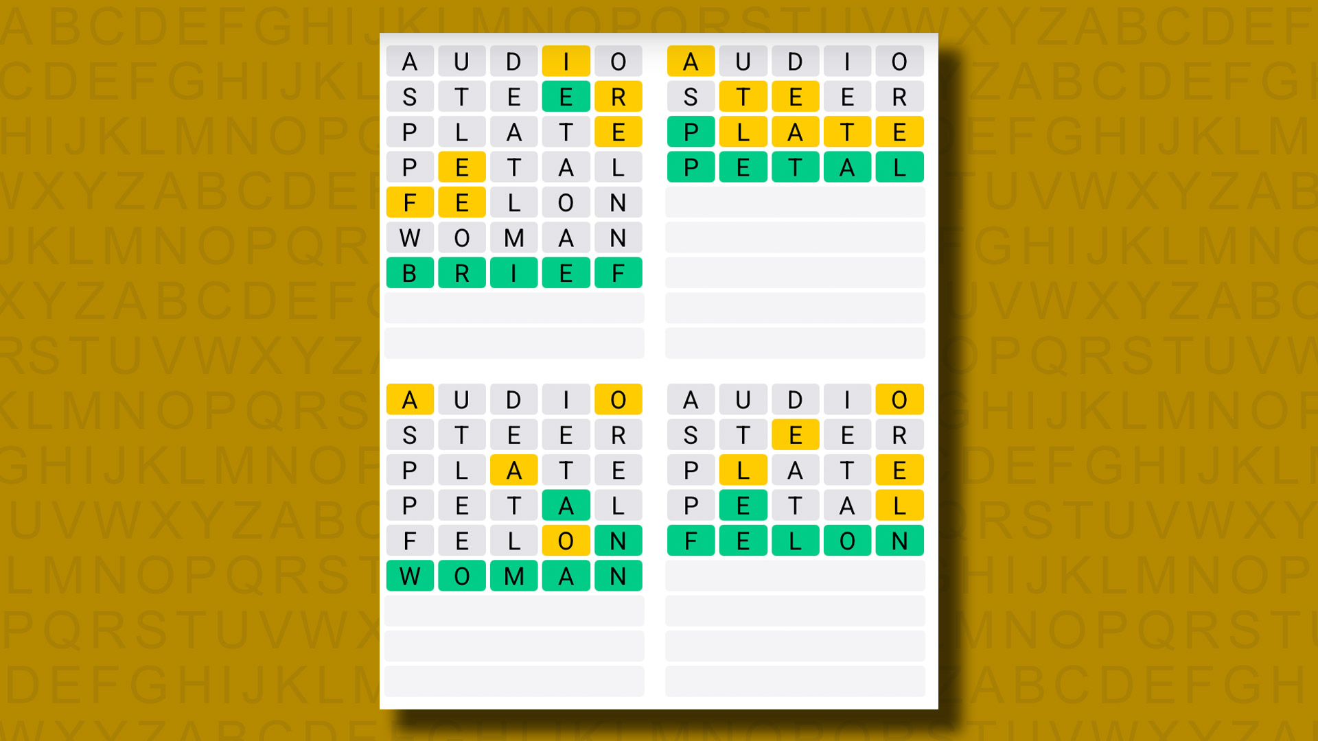 Quordle responde al juego 1084 sobre un fondo amarillo