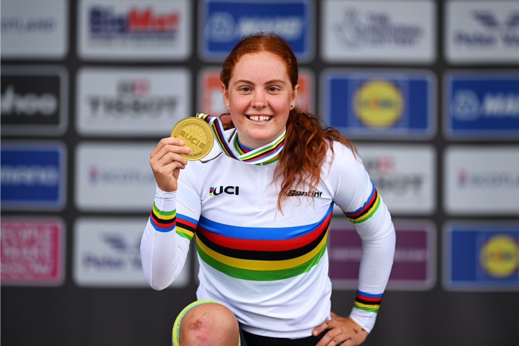 Australia&#039;s Felicity Wilson-Haffenden celebrates claiming the 2023 Road World Championships junior time trial 