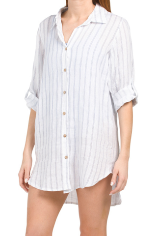 white striped linen button down shirt