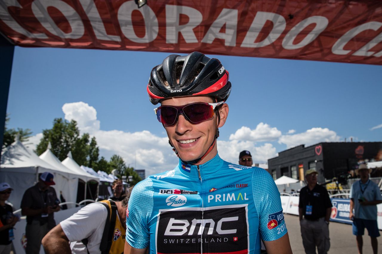 Manuel Senni (BMC) in the leader's blue jersey