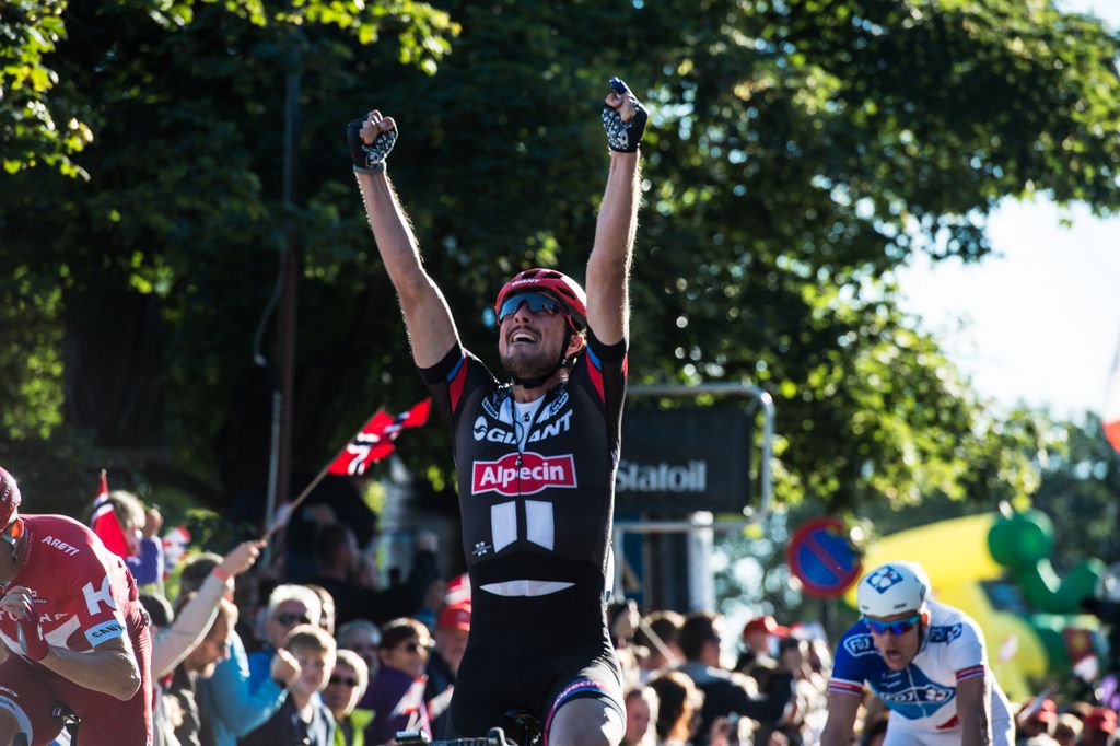 John Degenkolb enthusiastically celebrating his first win of the season