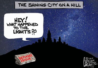 Editorial cartoon City on a Hill Refugees