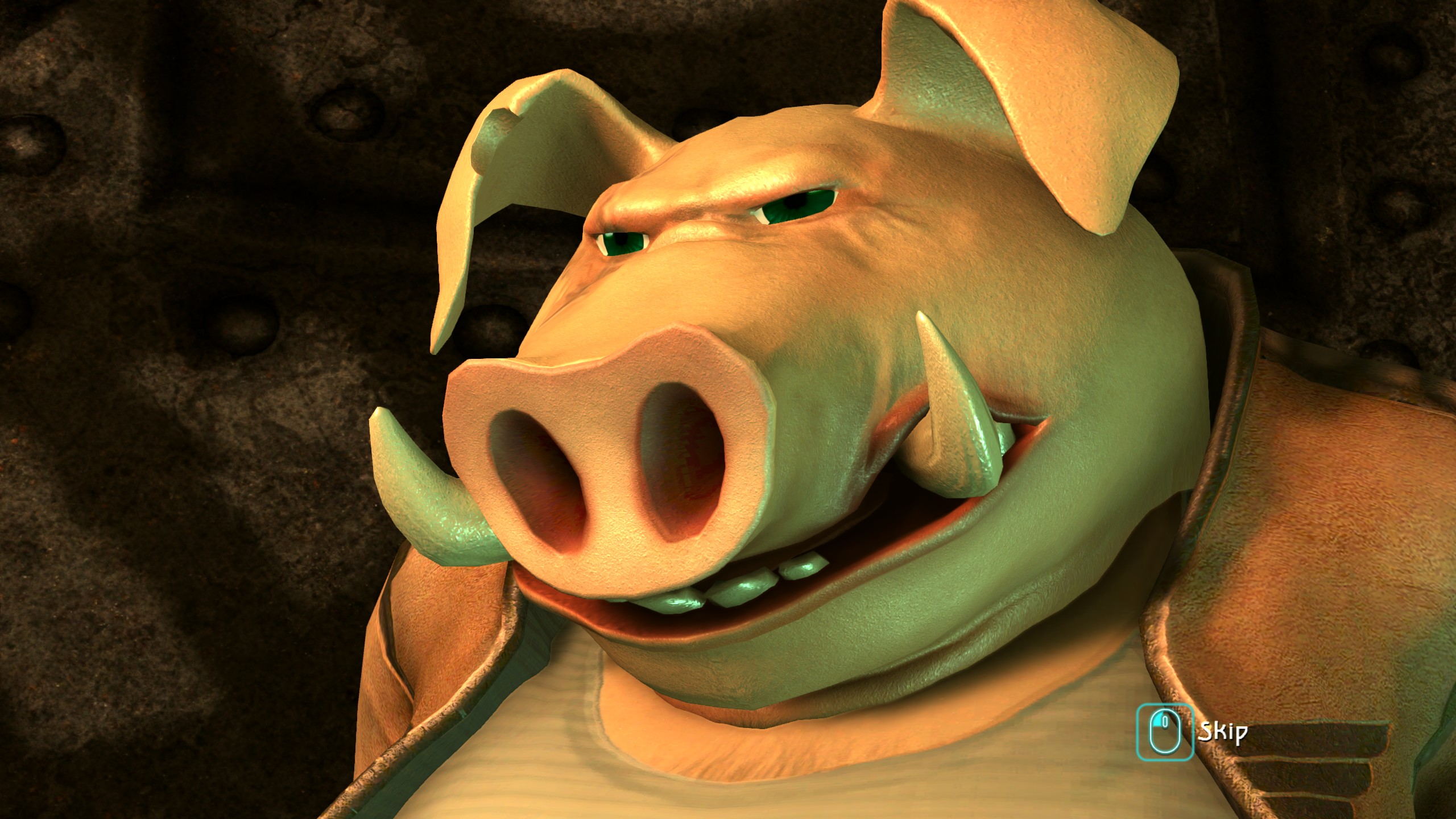 A close-up of Pey'j, Jade's anthropomorphic pig-uncle.
