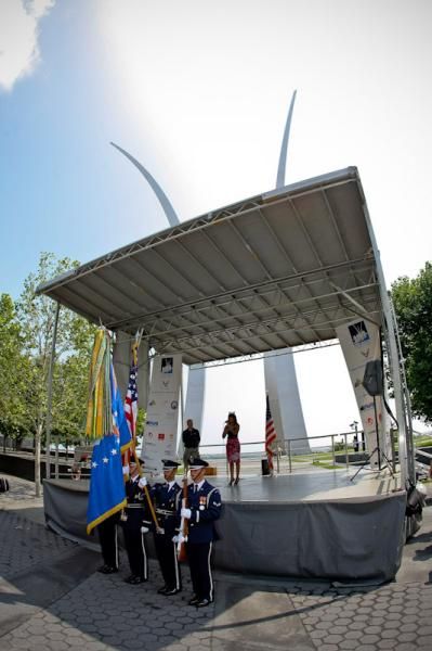 The military colour guard and Miss America got the racing started today in front of the Air Force Memorial.