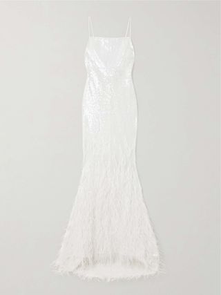 Odessa Feather-Trimmed Sequined Lace Gown