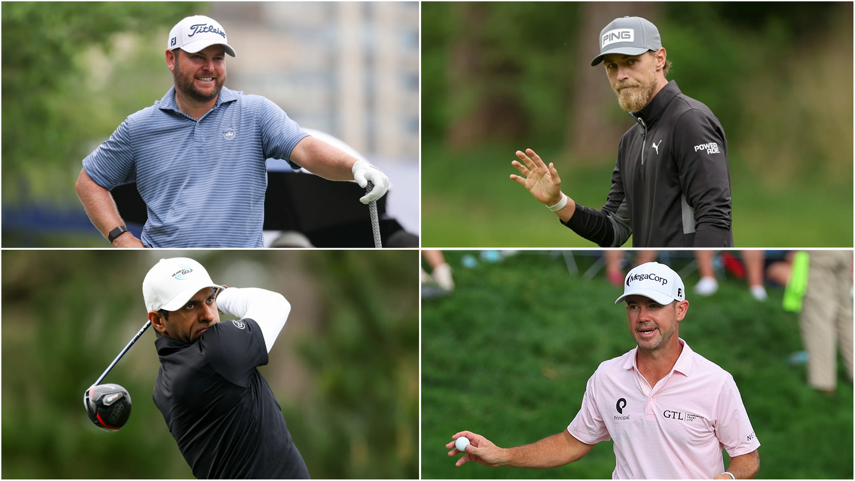 Jordan Smith smiles (top left), Kristoffer Reitan waves (top right), Aaron Rai hits a drive (bottom left) and Brian Harman waves (bottom right)
