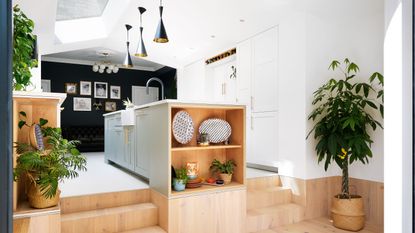 Extened kitchen with central island and steps down to living area