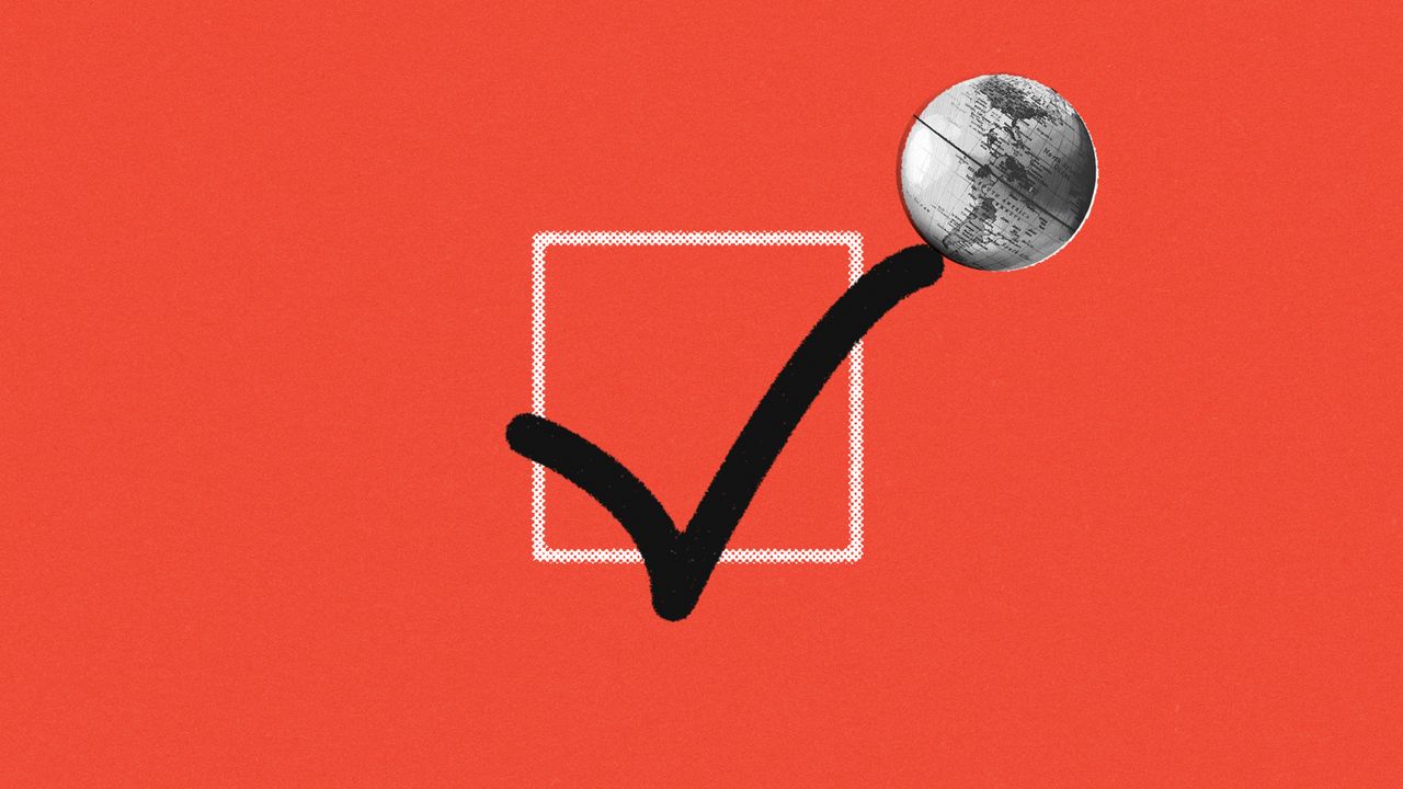 Ballot with a tick mark and teetering globe