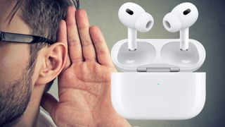 Apple AirPods next to a listening man