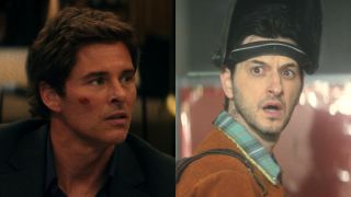 Mike (James Marsden) looks over at someone, while Symon (Ben Schwartz) sees someone exiting his time machine in Mike & Nick & Nick & Alice.