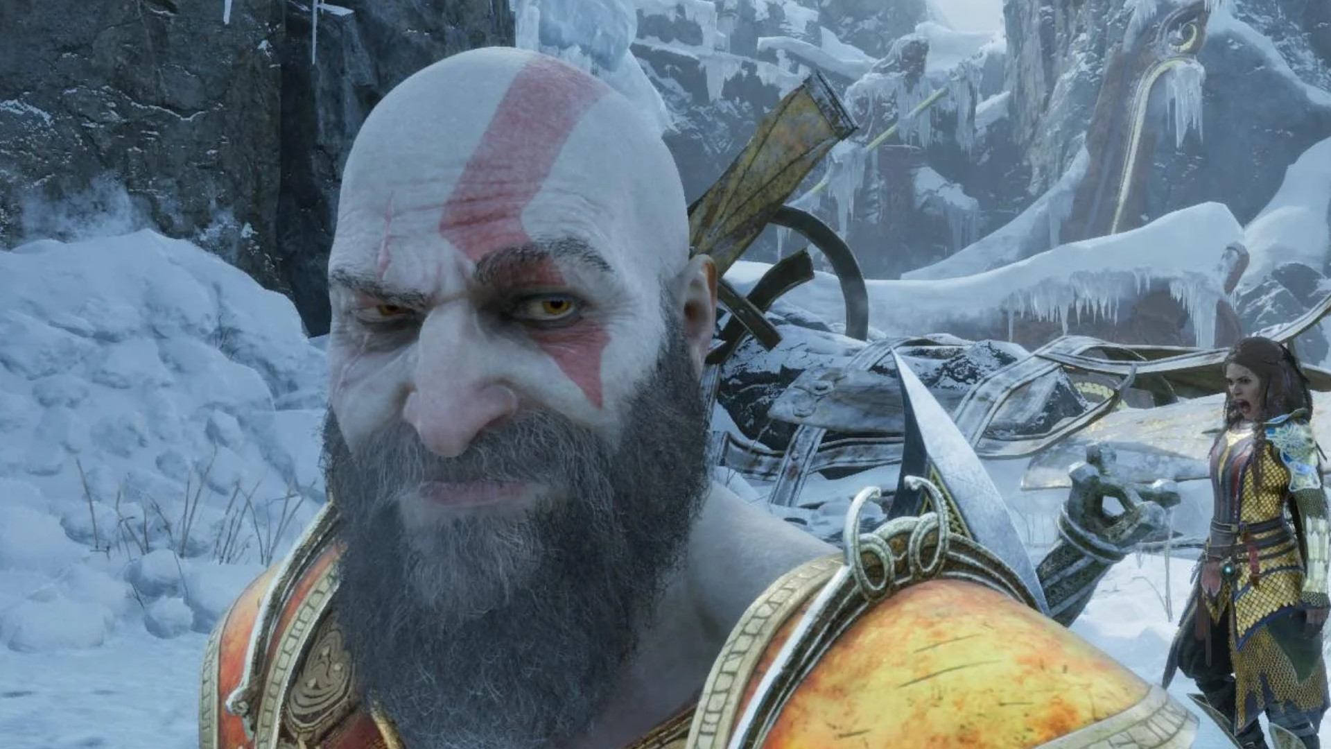 Kratos makes a sly expression in God of War Ragnarok
