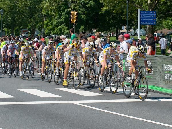 With one lap to go, the entire Team Columbia-Highroad comes to the front and sets a blistering pace.