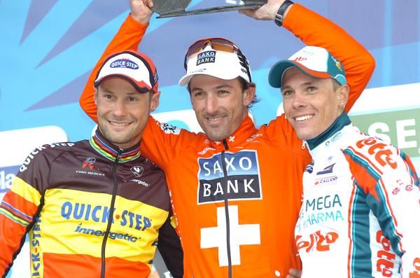 The podium of the 2010 Tour of Flanders: Tom Boonen (2nd) Fabian Cancellara (1st) and Philippe Gilbert (3rd)