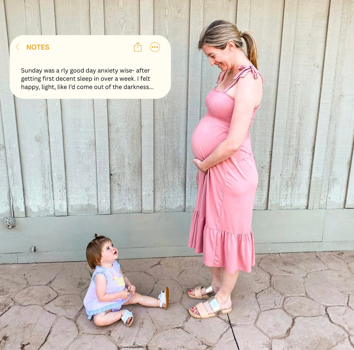 Katie, visibly pregnant in a pink dress, smiles down at her young daughter, with a Notes entry overlaid describing her first good day after more than a week of poor sleep.
