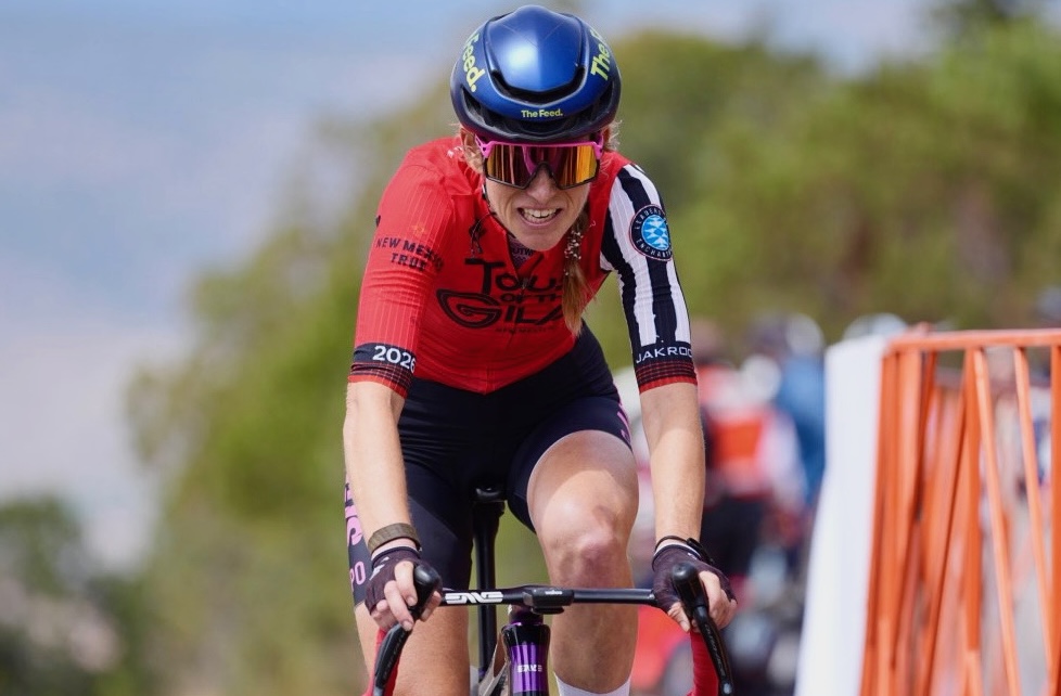 Lauren Stephens (Aegis x LOE) rides solo on Mogollon climb for stage 2 victory, holding the red leader's jersey for a second day