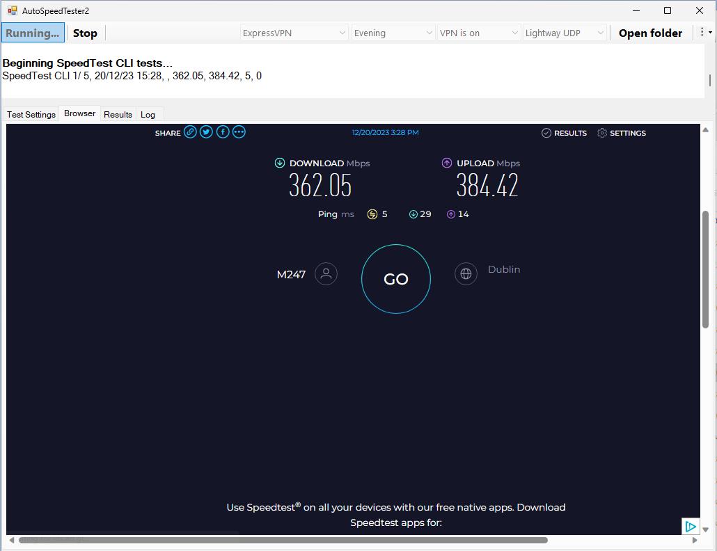 ExpressVPN speed test on Speedtest.net showing 362.05 Mbps