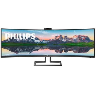 A philips ultrawide monitor against a white background